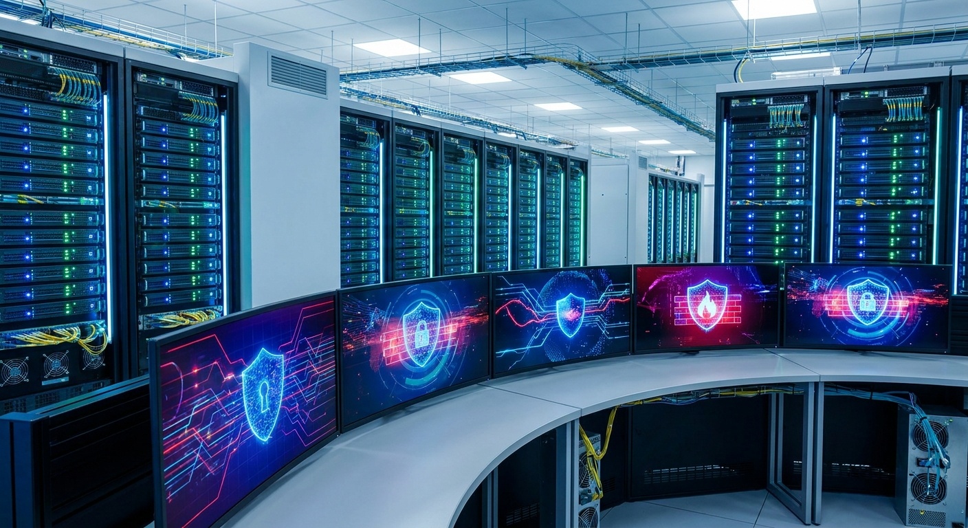 A server room with rows of blinking server racks and a curved monitor displaying cybersecurity icons like shields, locks, and firewalls.. User description: A da