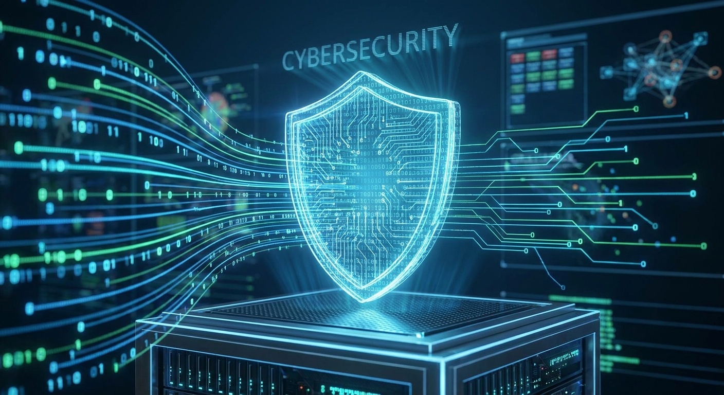 A glowing blue shield with circuit board patterns and the word CYBERSECURITY above it, set against a backdrop of flowing binary code and network diagrams, symbo